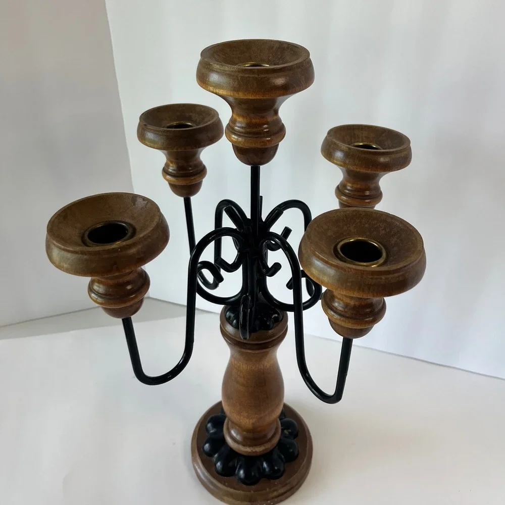 Vintage Wood and Wrought Iron 5 Light Candelabra Candle Holder Centerpiece Brown